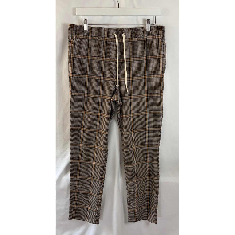 PacSun Mens Slim Fit Plaid Drawstring Trousers Brown Tan Size M Stretch Casual